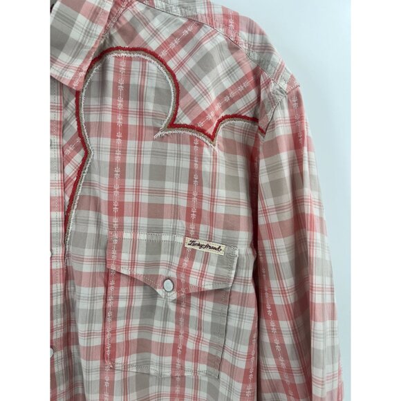 Lucky Brand XL Pearl Snap Long Sleeve Plaid Shirt Red Beige Tan Cowboy Rodeo - Picture 13 of 14